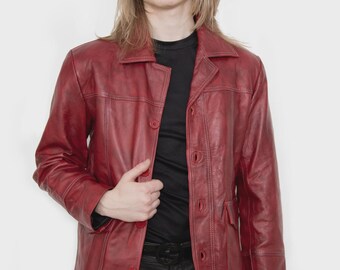 Chaqueta de cuero inspirada en Tyler Durden: estilo Fight Club en rojo vibrante, talla personalizada, cuero genuino, prenda clásica de culto, corte clásico.