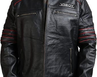 Chaqueta de motociclista de cuero con diseño de espada: Motivo de espada en relieve negro - Cuero genuino, artesanía artesanal, ropa de motociclista