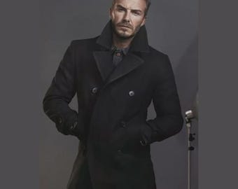 Abrigo de lana inspirado en David Beckham: Chaqueta clásica hecha a mano, ribete de piel auténtica / Abrigo de lana cálido, capas resistentes / Ajuste a medida