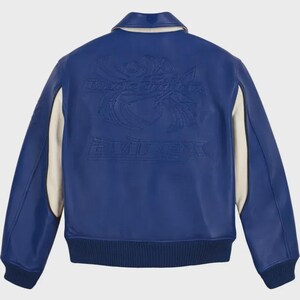 handmade InspiredLeather Jacket: Avirex Super Spider Racing Design - Blue Real Leather, Soft Lining, Zipper Closure, Pockets for Motor Fans image 2