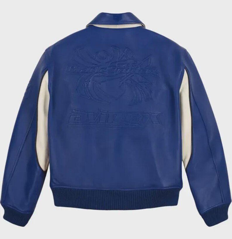 handmade InspiredLeather Jacket: Avirex Super Spider Racing Design - Blue Real Leather, Soft Lining, Zipper Closure, Pockets for Motor Fans image 2