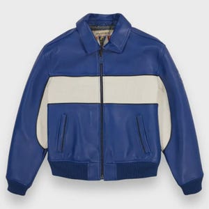 handmade InspiredLeather Jacket: Avirex Super Spider Racing Design - Blue Real Leather, Soft Lining, Zipper Closure, Pockets for Motor Fans image 1