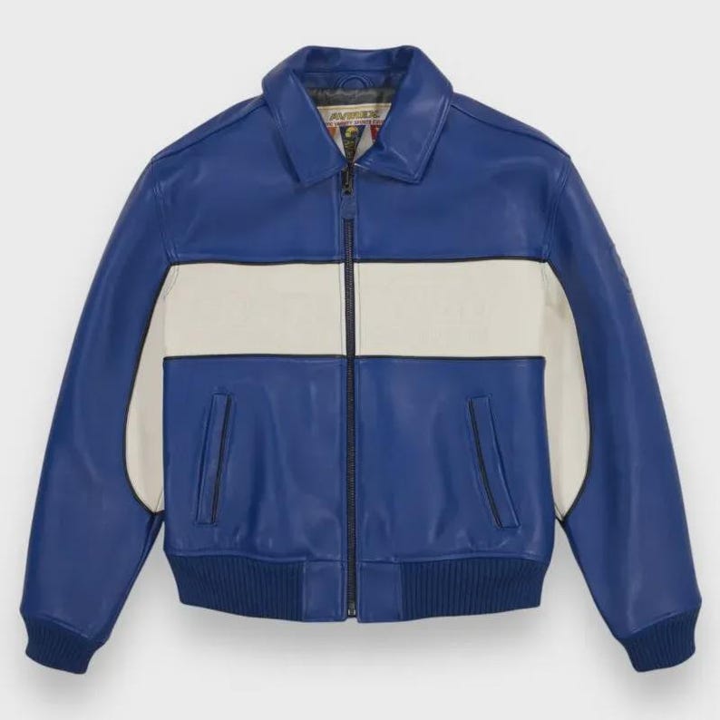 handmade InspiredLeather Jacket: Avirex Super Spider Racing Design - Blue Real Leather, Soft Lining, Zipper Closure, Pockets for Motor Fans image 1
