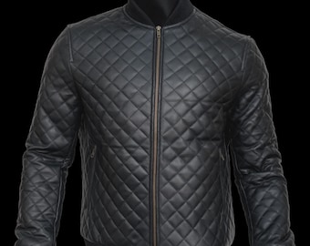Chaqueta de cuero acolchada para hombre: Diseño de diamante negro, cuero genuino duradero (ajuste cómodo, varias tallas, para toda la temporada)