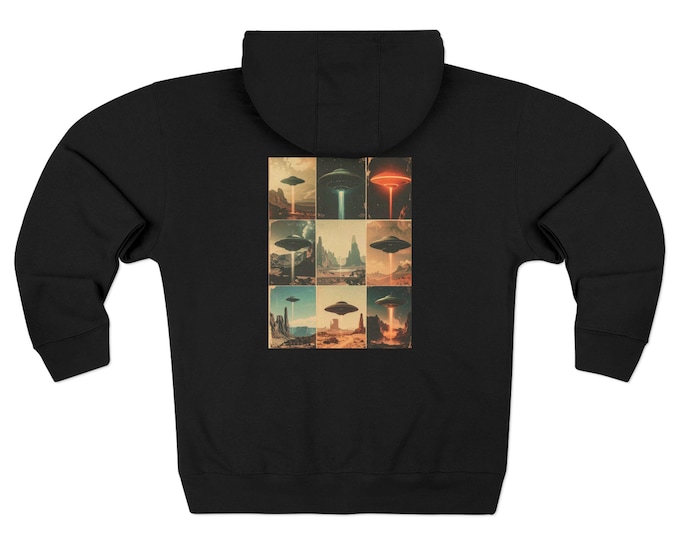 Retro UFO Collage | Black Uni-sex  Zip Hoodie