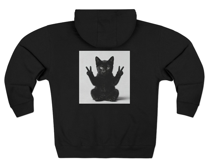 Black Cat Peace Sign  | Black Uni-sex  Zip Hoodie