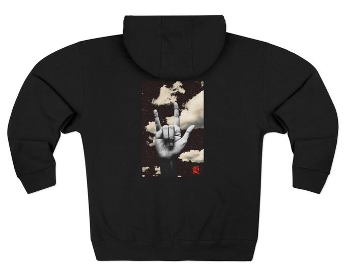 Hand Gesture for Love with Clouds Photo-collage  | Black Uni-sex  Zip Hoodie