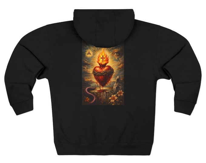 Sacred Heart Art Illustration Hoodie  | Black Uni-sex  Zip Hoodie