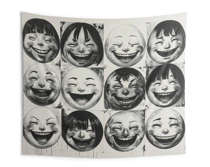 Japanese Smiling Faces Art | Black White Wall Tapestry