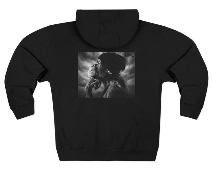 Chimpanzee Floppy Beanie Portrait  | Black Uni-sex  Zip Hoodie