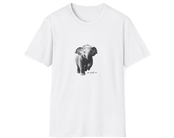 Baby Elephant Japanese "happy" | White Uni-sex T-shirt