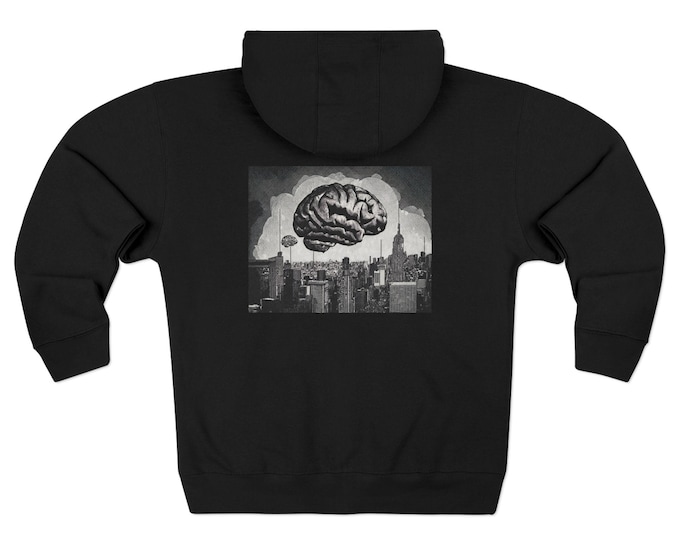 Surreal Cityscape Floating Brain Artwork | Black Uni-sex  Zip Hoodie