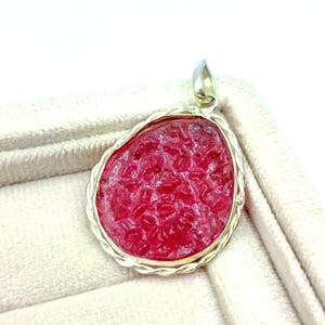Red Druzy Pendant Gold Statement Necklace Teardrop Sparkly Crystal Jewelry Gift for Her