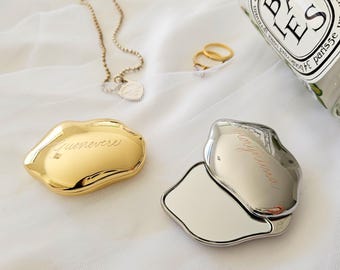 Personalised Hand Engraved Compact Mirror | Abstract Metal Shape | Bridesmaid Wedding Gift Favor