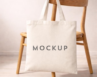 Mockup de sacola de lona sobre cadeira de madeira | Mockup de sacola neutra para o dia a dia | Sacola de algodão lisa | Mockup para loja Etsy | Mockup minimalista de produto |