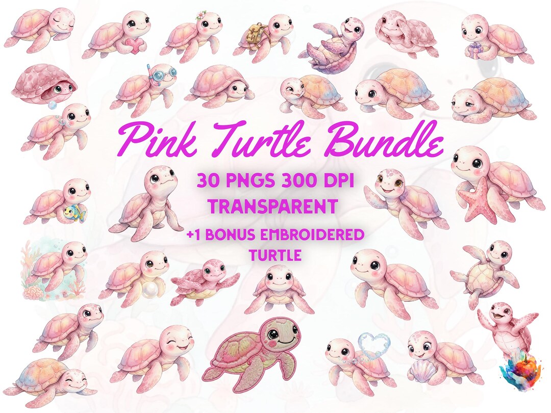 Turtleson Pink Pattern Pink Turtle Clipart Bundle | Watercolor Baby Sea Turtles, Ocean Animals ...