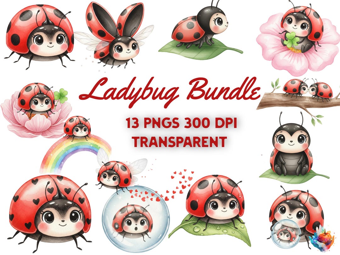 Watercolor Ladybug Clipart Bundle | Kawaii Spring Garden PNG (digital ...