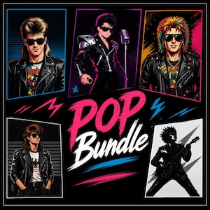 Pode incluir: Um gráfico digital apresentando o texto POP BUNDLE em letras grandes brancas e rosas, cercado por cinco ilustrações distintas de músicos de rock com jaquetas de couro e óculos escuros, incluindo uma figura tocando uma guitarra elétrica.