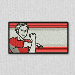 May include: Embroidered patch featuring a stylized illustration of a person stretching. The person is wearing a red and gray shirt. The background is gray with red stripes and a black border.