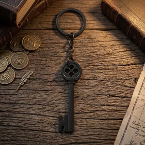 Gothic Key Keychain – Matte Black Steampunk Button Pendant Bag Charm