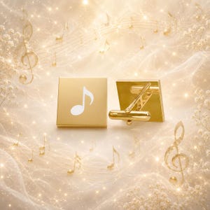 May include: A pair of square gold-toned cufflinks featuring a white musical note graphic on the front face. The cufflinks have a polished metallic finish and a standard T-bar swivel mechanism on the back for securing through shirt cuffs.