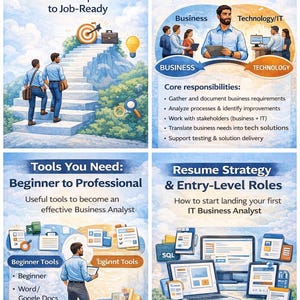 May include: An infographic illustrating the steps to becoming an IT Business Analyst. The panels cover the roadmap, tools, and resume strategies. Text includes "Step-by-Step Roadmap", "Beginner to Professional", and "Resume Strategy".