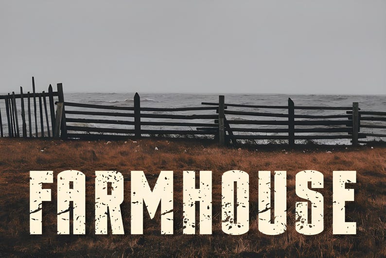 May include: A rural landscape with a wooden fence and a body of water under a cloudy sky. The word "FARMHOUSE" is written in a distressed font across the foreground, evoking a sense of country living.