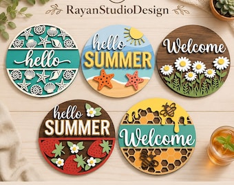 Round Summer Welcome Sign SVG Bundle | Layered Wooden Door Decor (Digital Download)