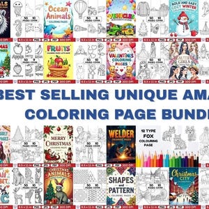 Può includere: Una collezione di 20 libri da colorare con vari temi, tra cui animali, veicoli e Natale. Ogni copertina del libro è esposta, con titoli e conteggio delle pagine. È presente anche la frase "BEST SELLING UNIQUE AMAZING COLORING PAGE BUNDLE".