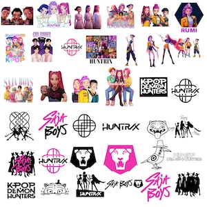 May include: A collection of digital art featuring various K-pop-themed illustrations and logos. The images showcase stylized characters, group portraits, and logos with text such as "HUNTR/X", "SAJA BOYS", and "K-POP DEMON HUNTERS".