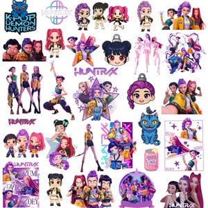 May include: A collection of colorful stickers featuring anime-style illustrations of female characters, some with the text "HUNTRIX", "RUMI", "MIRA", and "ZOEY". The stickers showcase various poses and designs, with a vibrant color palette.