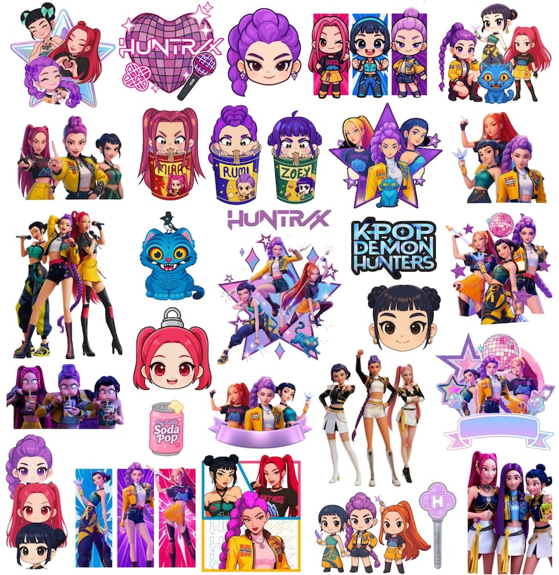 May include: A collection of colorful stickers and illustrations featuring a K-pop theme. The designs include stylized portraits of female figures, text that reads "HUNTRAX" and "KPOP DEMON HUNTERS", and other decorative elements.