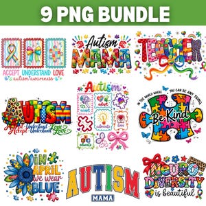 Puede incluir: Un conjunto de nueve gráficos PNG con temas de concienciación sobre el autismo. Los diseños incluyen piezas de rompecabezas, cintas y texto como "Autism Mama" y "Be Kind". La paleta de colores es vibrante, con azules, verdes y amarillos.