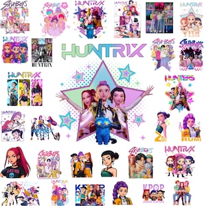 May include: A collection of colorful digital art featuring the text "HUNTRIX" and "SAJABOYS". The images showcase stylized illustrations of people, cartoon characters, and the words "KPOP DEMON HUNTERS". The artwork is vibrant and eye-catching.