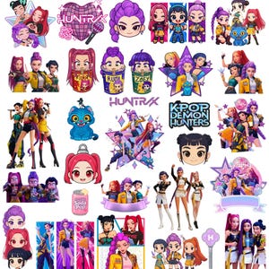May include: A collection of colorful stickers and illustrations featuring a K-pop theme. The designs include stylized portraits of female figures, text that reads "HUNTRAX" and "KPOP DEMON HUNTERS", and other decorative elements.
