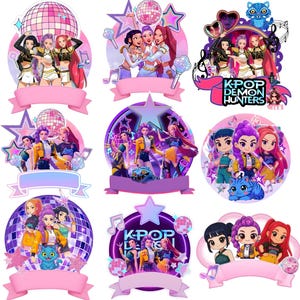 May include: A collection of nine K-Pop themed cake toppers. Each topper features a group of stylized female figures in vibrant outfits, set against a backdrop of disco balls, stars, and musical notes. Pink ribbons are included.
