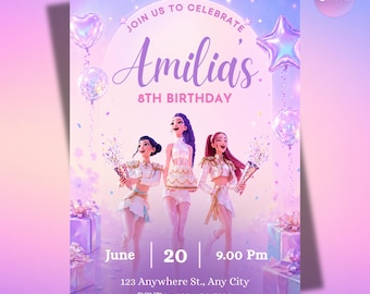 Modèle d'invitation d'anniversaire Kpop Demon Hunters, invitation de fête Kpop modifiable sur Canva, invitation d'anniversaire anime, téléchargement numérique