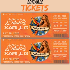 Puede incluir: Entradas de concierto naranjas con el texto "EDITABLE TICKETS". Las entradas presentan una mujer, un loro y un diseño de globo terráqueo. Las entradas son para el concierto KAROL G Tropitour el 26 de julio de 2026 en el Tottenham Hotspur Stadium.
