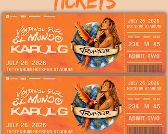 Plantilla de boleto para Karol G Tropitour, boleto para el concierto Viajando Por El Mundo, pase de gira editable, boleto para evento imprimible, diseño de recuerdo para fans en formato PNG.
