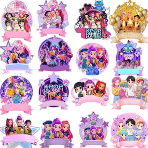 May include: A collection of K-Pop themed cake toppers in various designs. Each topper features a group of stylized figures, disco balls, stars, and banners. The color palette includes pink, purple, and gold.