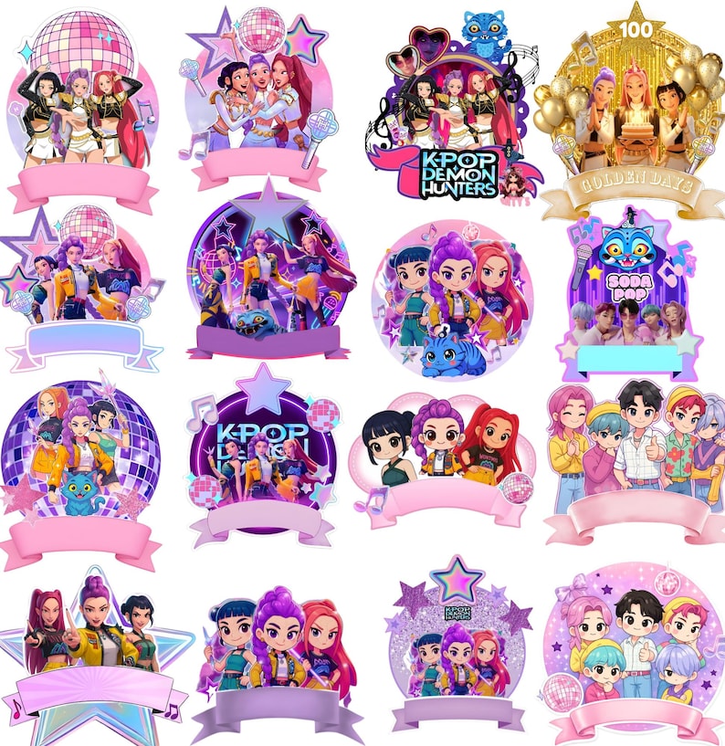 May include: A collection of K-Pop themed cake toppers in various designs. Each topper features a group of stylized figures, disco balls, stars, and banners. The color palette includes pink, purple, and gold.