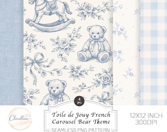 May include: A seamless PNG pattern in blue and white, showcasing a toile de Jouy design with a rocking horse, teddy bears, bows, and floral motifs. The text reads "Toile de Jouy French Carousel Bear Theme". The pattern is 30.48cm x 30.48cm.