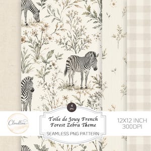 Puede incluir: Patrones digitales sin costuras con un tema Toile de Jouy French Forest Zebra. Los patrones presentan cebras, elementos florales y diversas texturas. La imagen incluye el texto "Toile de Jouy French Forest Zebra Theme" y "12x12 inch 300DPI".
