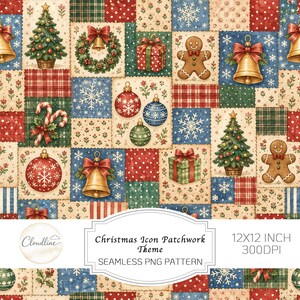 Könnte beinhalten: Ein nahtloses digitales Muster mit einem Patchwork aus Weihnachtsmotiven, darunter geschmückte Tannenbäume, goldene Glocken mit roten Schleifen, Lebkuchenmänner, Geschenkkartons, Zuckerstangen und Christbaumkugeln auf roten, grünen und blauen Hintergründen.