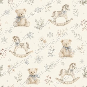 May include: A repeating pattern on a cream background featuring watercolour illustrations of beige teddy bears with light blue bows, rocking horses with blue ribbons, snowflakes, and sprigs of winter berries and foliage with the text CloudlineLetters.