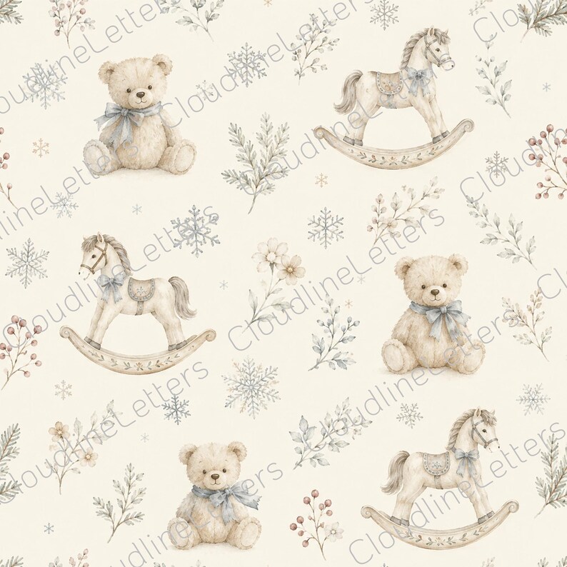 May include: A repeating pattern on a cream background featuring watercolour illustrations of beige teddy bears with light blue bows, rocking horses with blue ribbons, snowflakes, and sprigs of winter berries and foliage with the text CloudlineLetters.