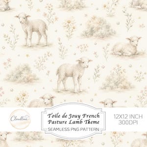 Op de afbeelding: Een naadloos PNG-patroon met een Toile de Jouy French Pasture Lamb Theme. Het ontwerp bevat illustraties van lammeren, bloemen en wolken in zachte pastelkleuren. Het patroon is 30,48 x 30,48 cm groot.