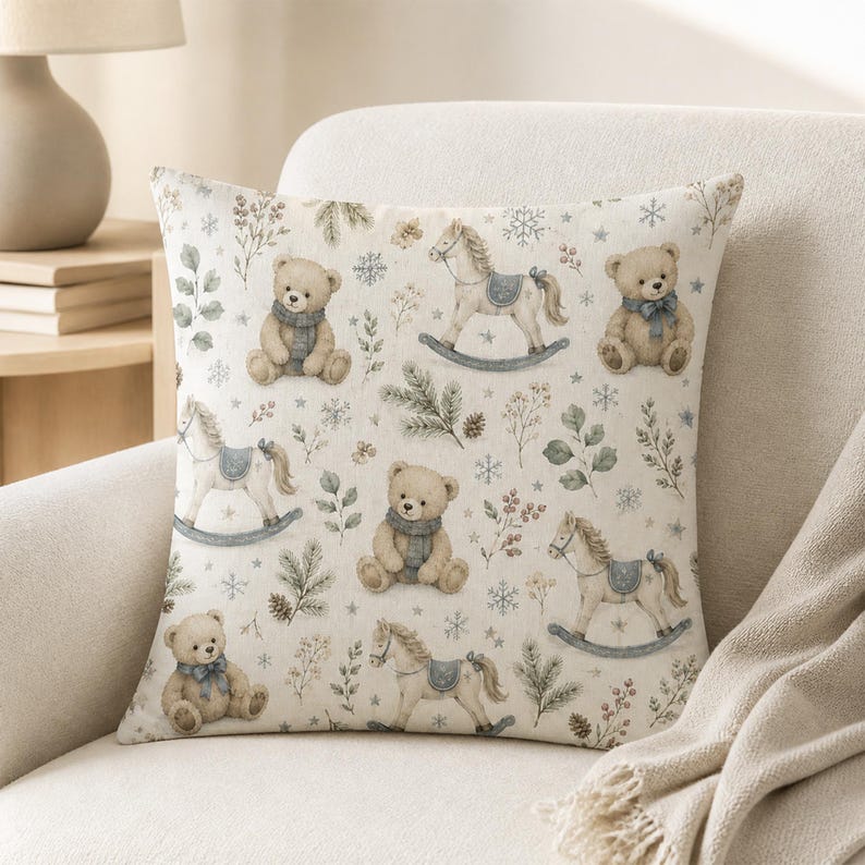 May include: A square throw pillow featuring a repeating pattern of light brown teddy bears wearing blue scarves, rocking horses with blue saddles, pine branches, and snowflakes on a cream-coloured fabric background.