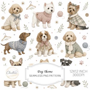 May include: A seamless pattern featuring various dog breeds wearing knit sweaters and capes, interspersed with illustrations of yarn balls, wooden buttons, clothes hangers, paw prints, and leaves. Text reads: Dog Theme SEAMLESS PNG PATTERN.