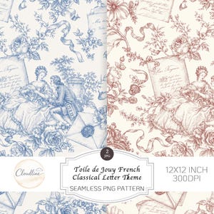 Peut inclure: Deux motifs PNG sans couture avec un design Toile de Jouy. L'un est bleu, l'autre brun rougeâtre, tous deux avec des illustrations de personnages, de roses et de lettres. Le texte indique "Toile de Jouy French Classical Letter Theme" et "12x12 inch 300DPI".